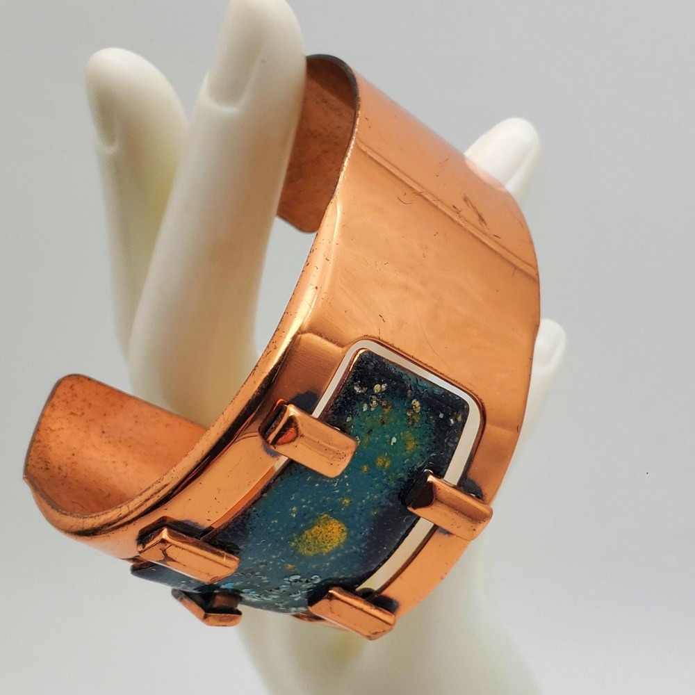 Matisse Renoir Cuff Copper Teal‎ Enamel Bangle Asymmetrical Bracelet Modern MCM - Picture 9 of 9